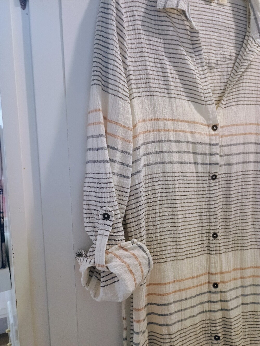 Roxy Striped Button-Front Shirt Dress in Cream and Blue - 100 Cotton - Picture 2 of 7